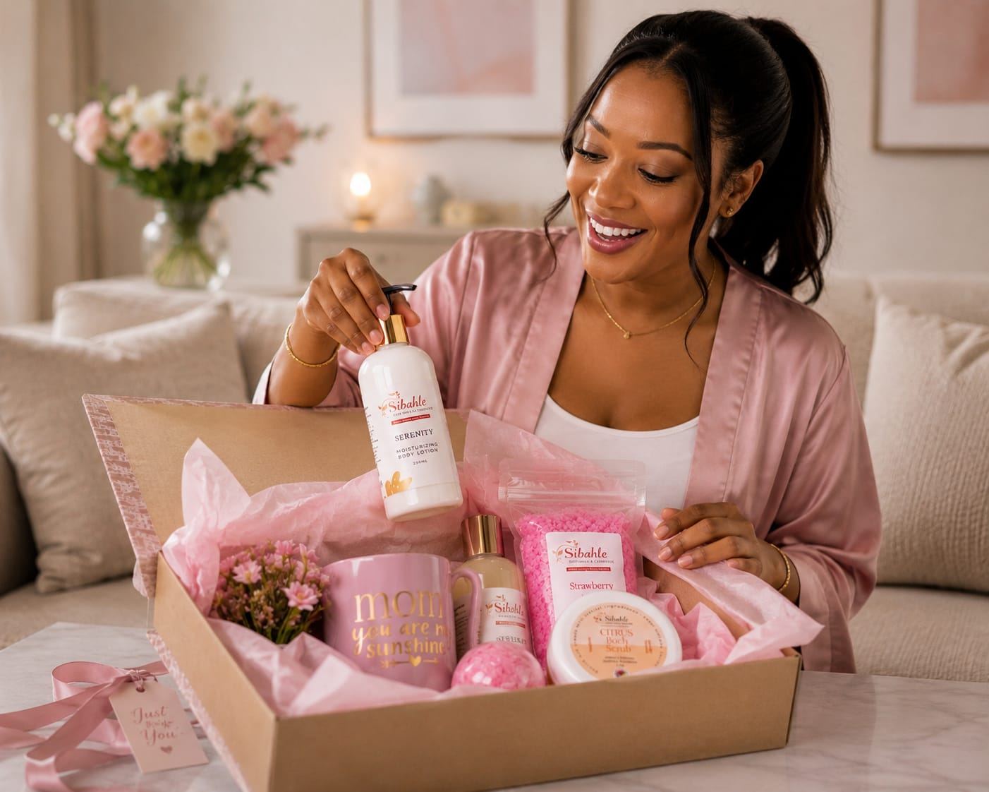 Sibahle gift hamper being unwrapped