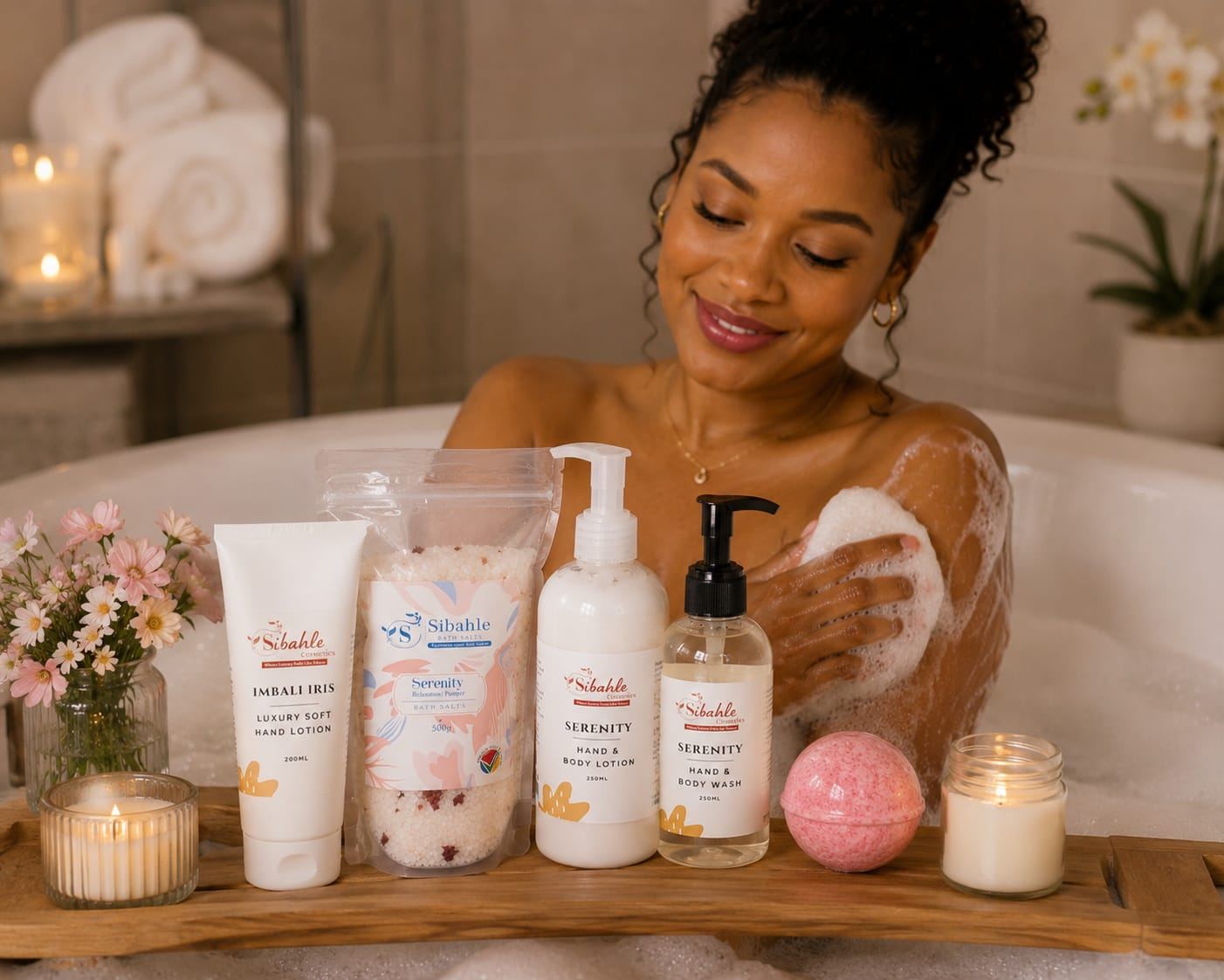 Woman relaxing in a bath surrounded by Sibahle Serenity bath salts and lotions