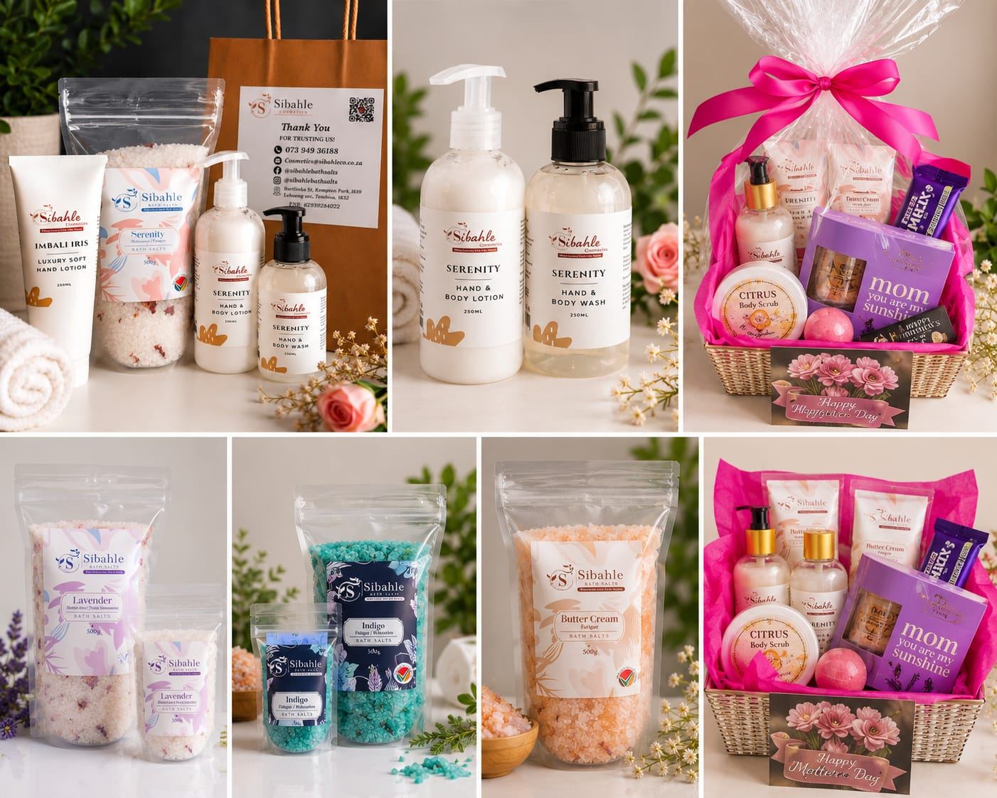 Collage of Sibahle products and gift hampers