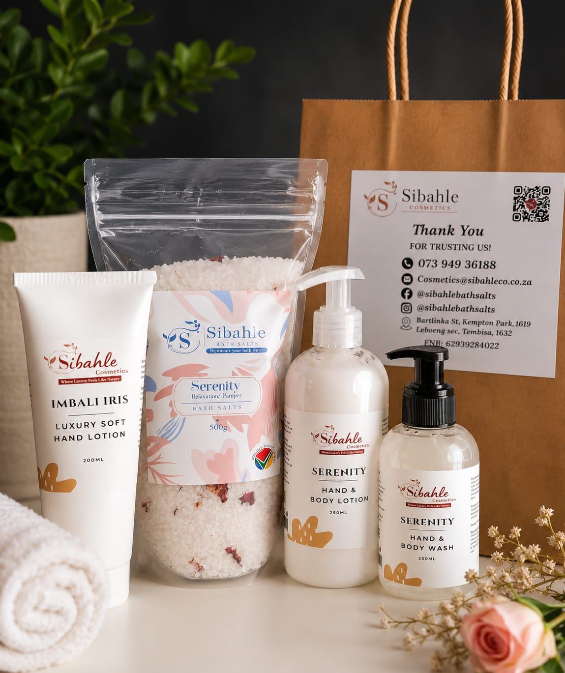 Sibahle Serenity bath salts and Imbali Iris hand lotion styled with kraft gift bag